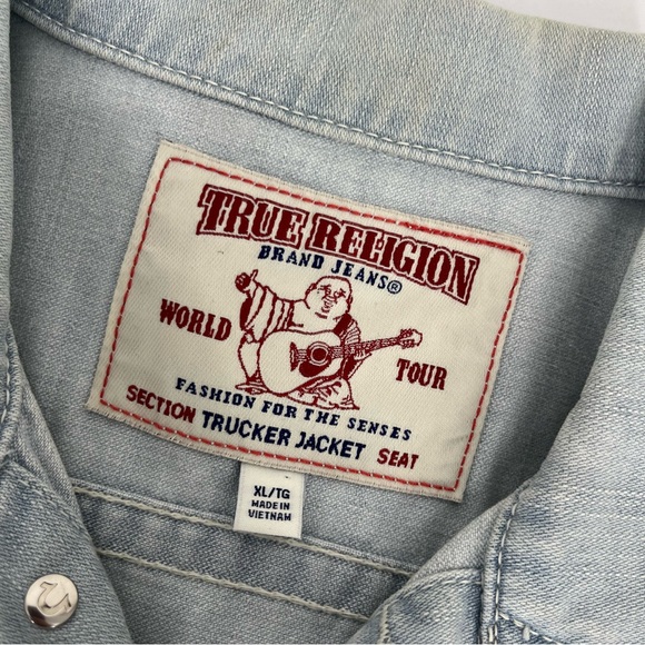 True Religion Denim Jacket Mens XL Blue Light Wash Trucker Hip Hop Y2K Flap Jean - Picture 11 of 11